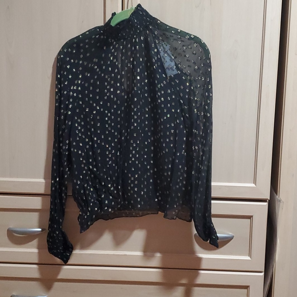 Black Sheer with Gold Squares Mockneck Blouse
